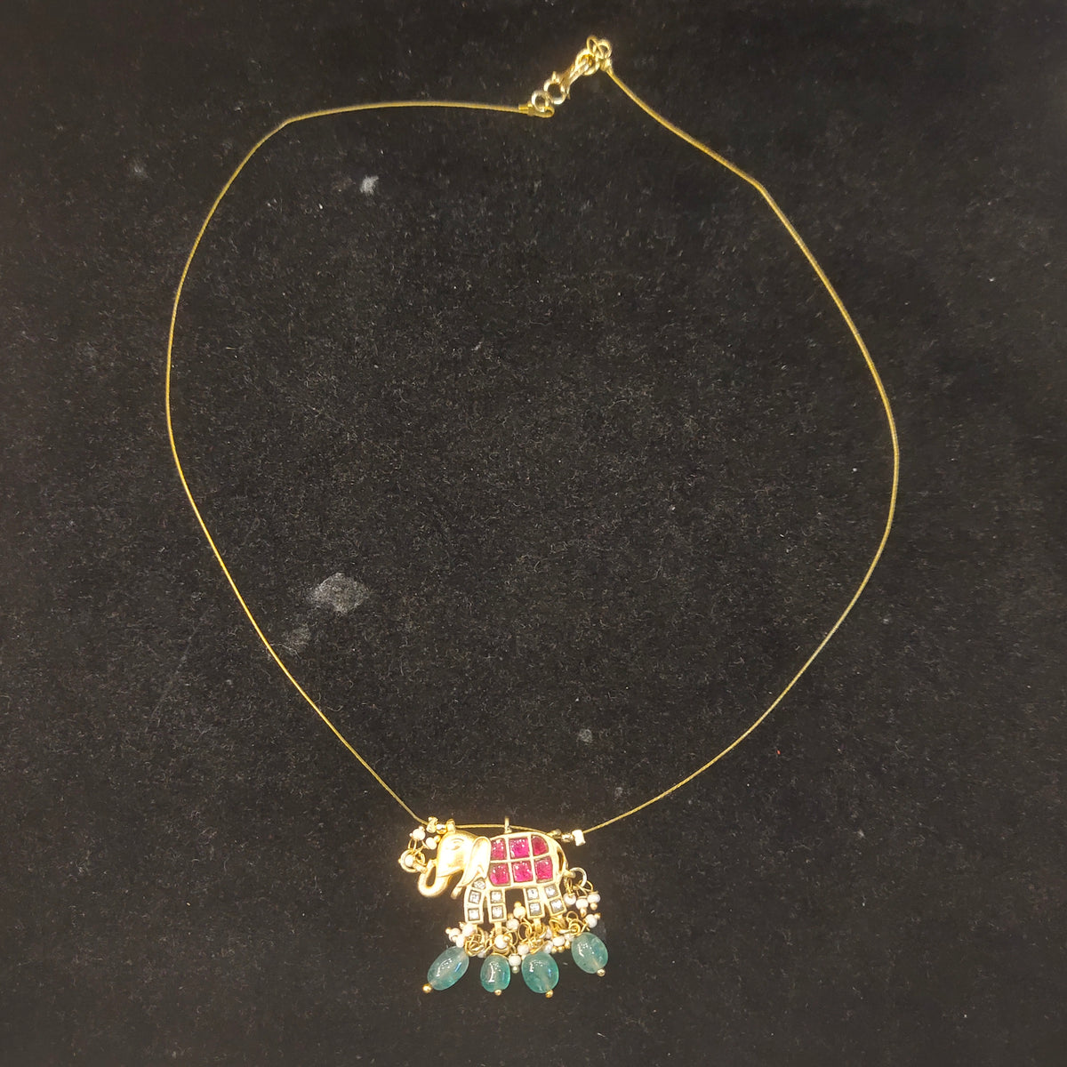 Kundan Elephant Pendant Necklace with Teal Bead Drops โ Gold Tone Temple Jewellery