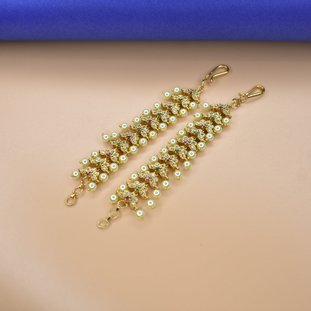 Antique CZ Pearl Straight Ear Chains - 24K Gold Plated 12cm