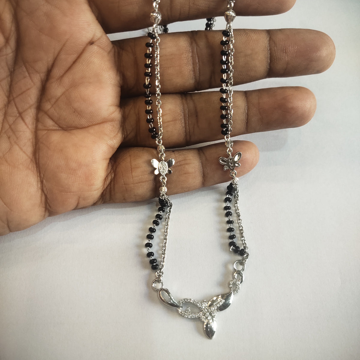 925 Silver Black Beads Mangalsutra Necklace with Teardrop Pendant