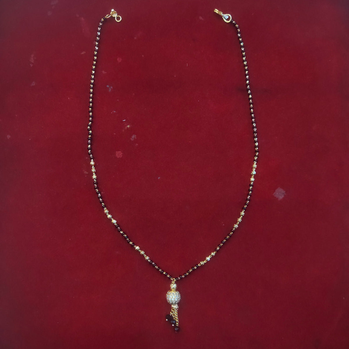 24K Gold Plated Black Bead Necklace with Ornate Pendant - 20 Inches