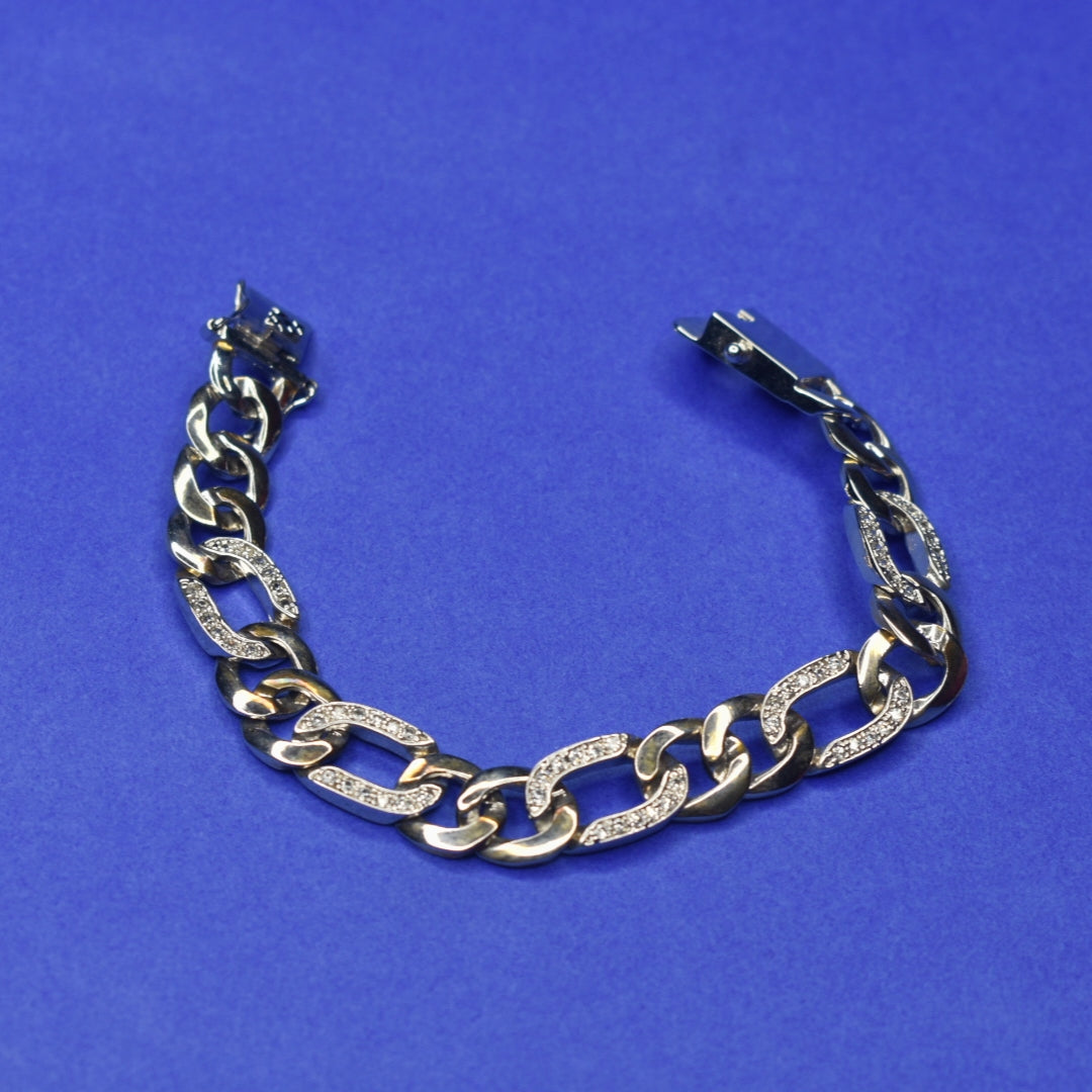 Men's 92.5 Sterling Silver Figaro CZ Diamond Bracelet โ Bold Cuban Link