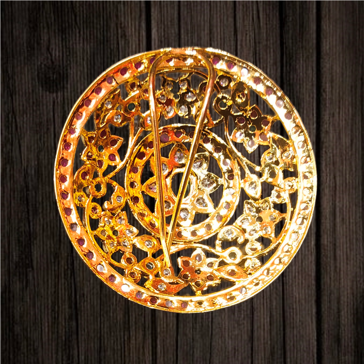 Round Kempu Juda Pin - Traditional Red Stone Hair Accessory