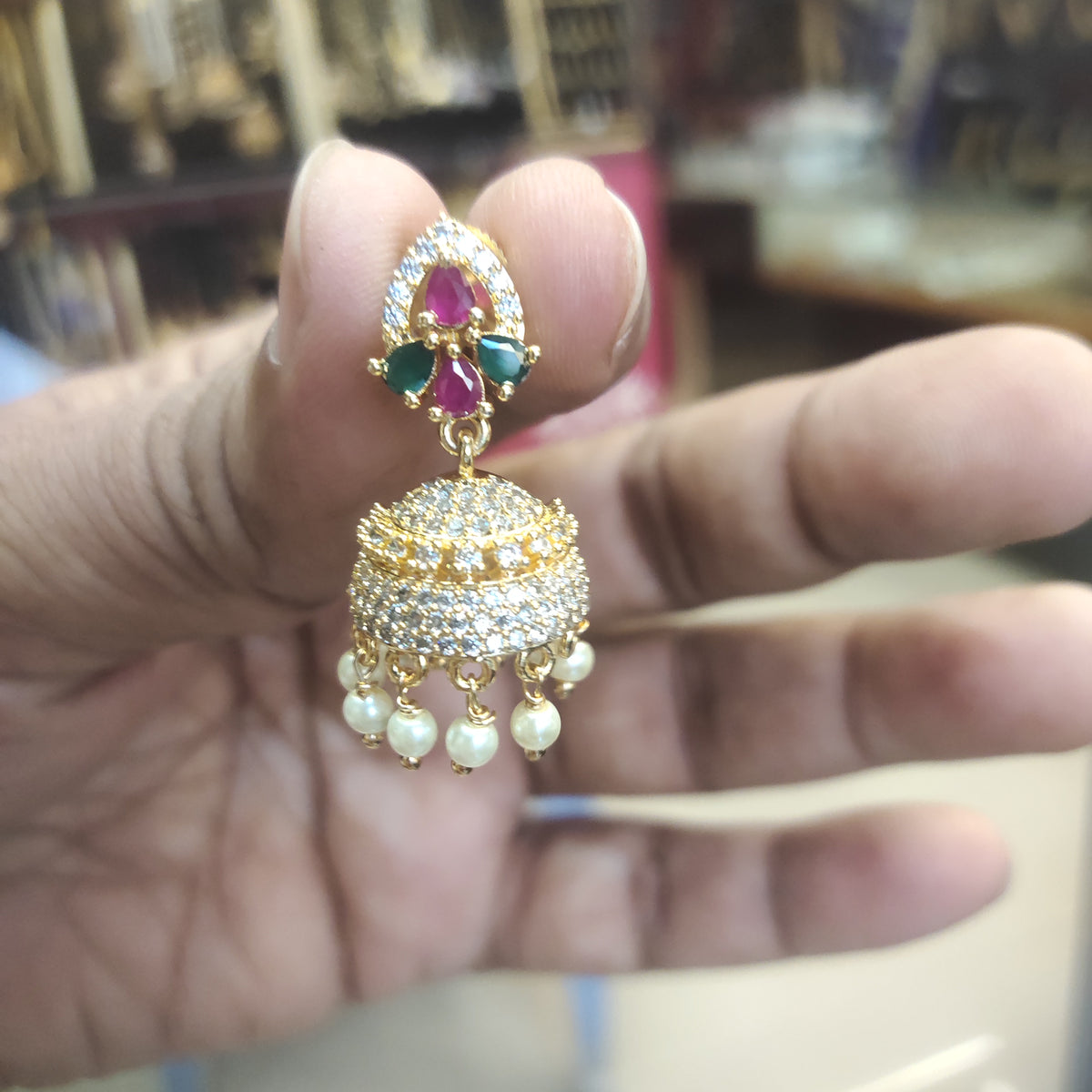 CZ Gold Plated Round Top Jhumka Earrings
