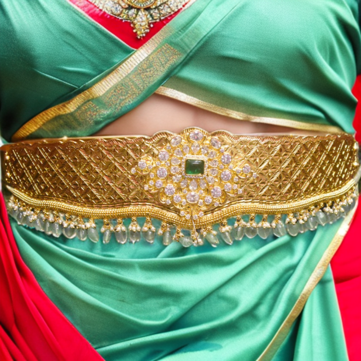 South Indian Bridal Vaddanam - CZ Emerald 24K Gold Plated Belt