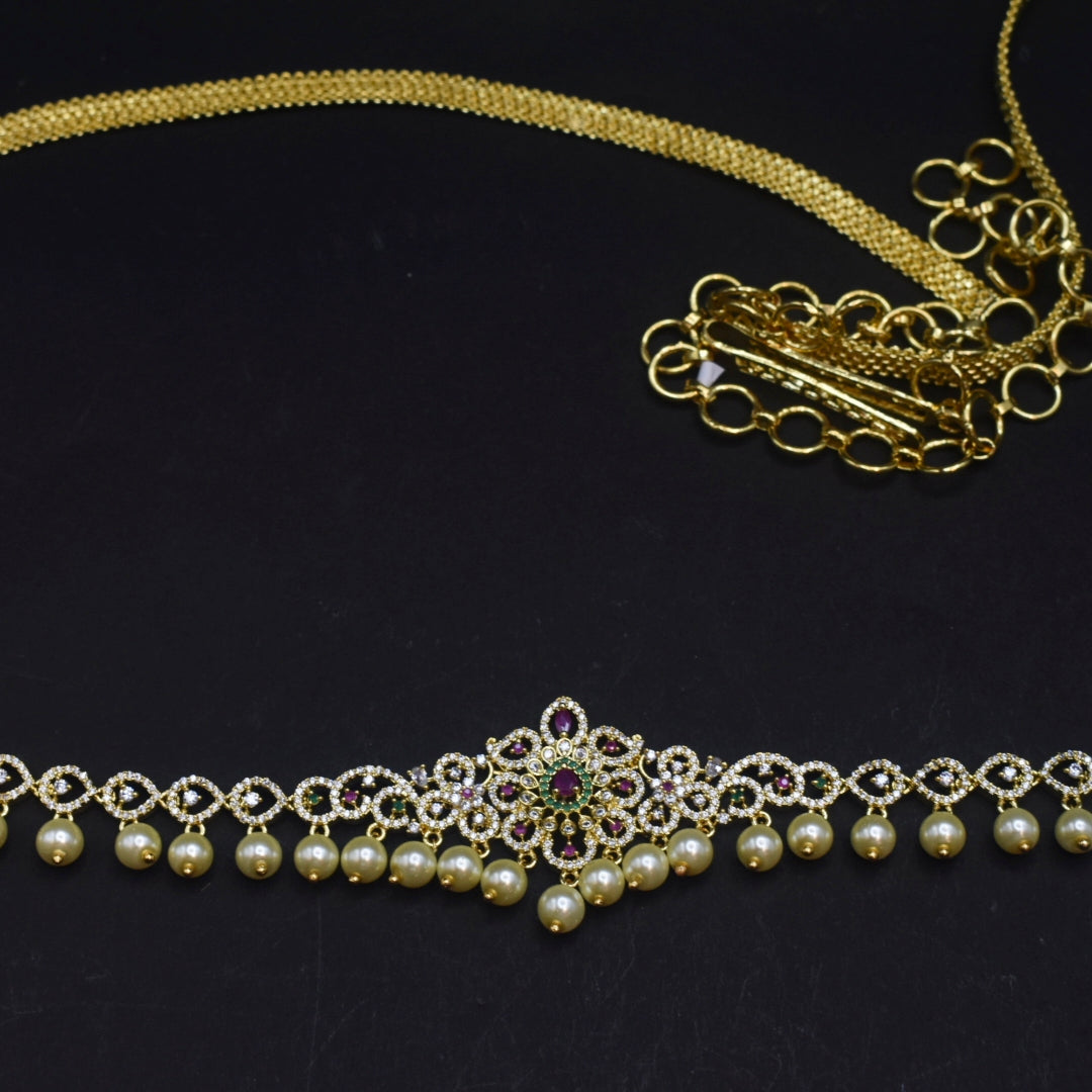 Stunning Zircon 24K Gold Plate Stylish Chain Vaddanam.