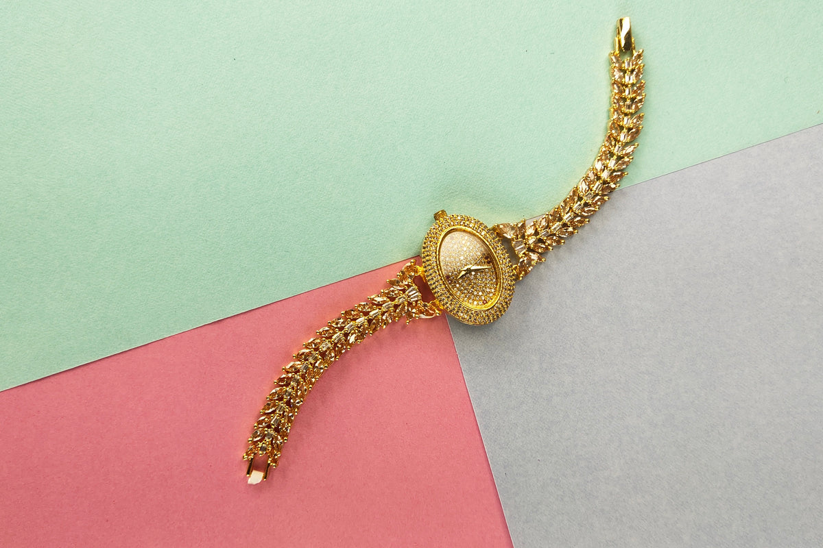 Gold Plated CZ Watch with Ruby Emerald - 24K Gold Premium | 37g