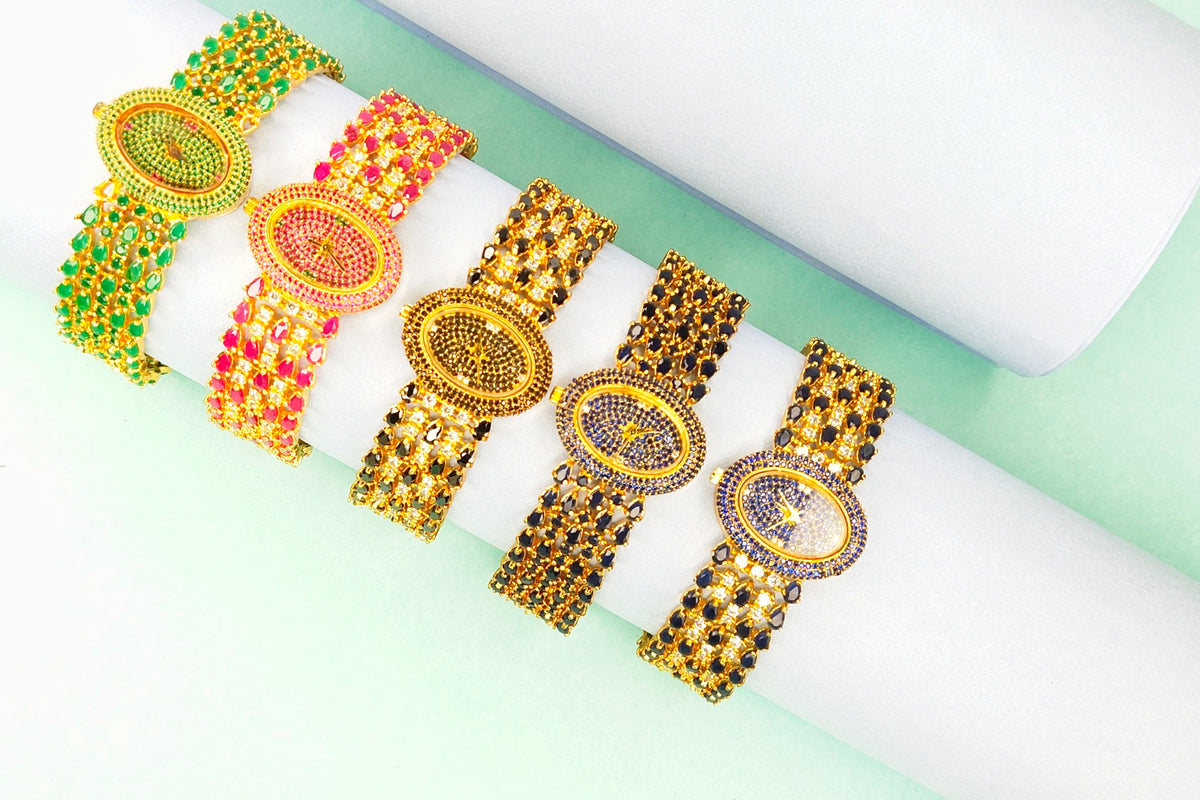 Gold Plated CZ Watch with Ruby Emerald - 24K Gold Floral | 34g