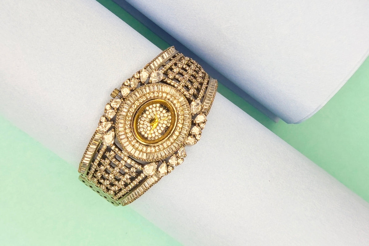 Antique Gold Plated CZ Watch for Women - Traditional Floral Design | 24K Gold