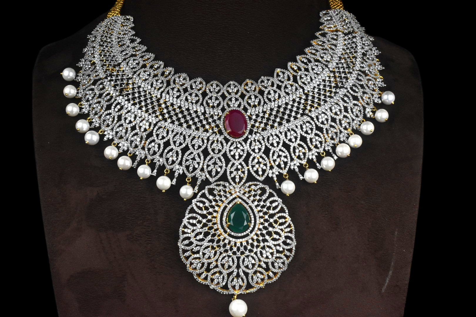 Silver Necklace Artificial Diamond Necklace Set Online Bridal