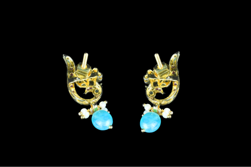Kempu Peacock Studs 1.5 Inch - Emerald Beaded Traditional Earrings