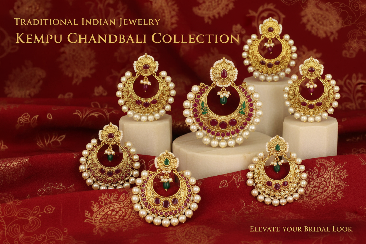 Kempu Chandbali Earrings - Traditional Red Stone Jewelry