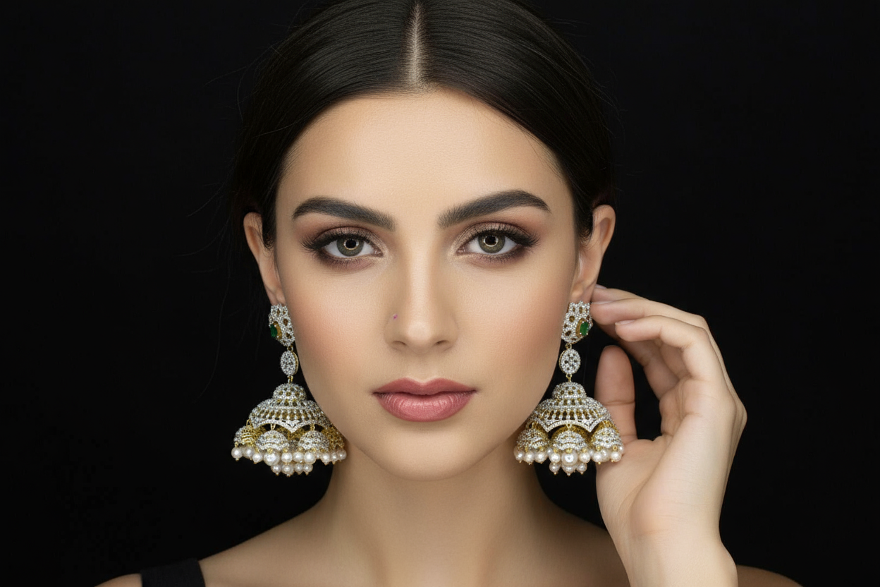 Rhodium Gold Jhumka Earrings - Dual Tone Traditional Jewelry