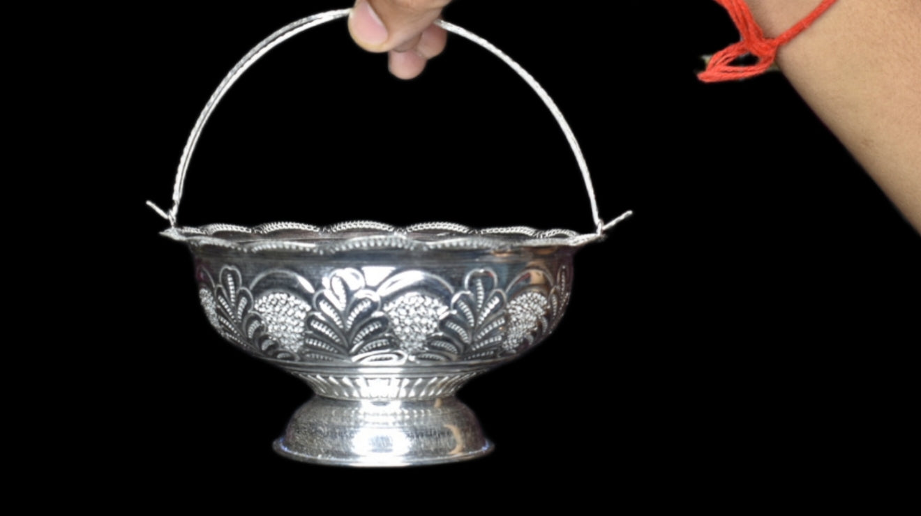 Silver Pooja Flower Baskets - Traditional Temple Accessories for Worship