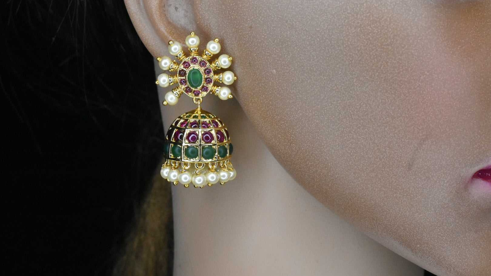 Kempu Earrings - Traditional South Indian Ruby Stone Jewelry for Women
