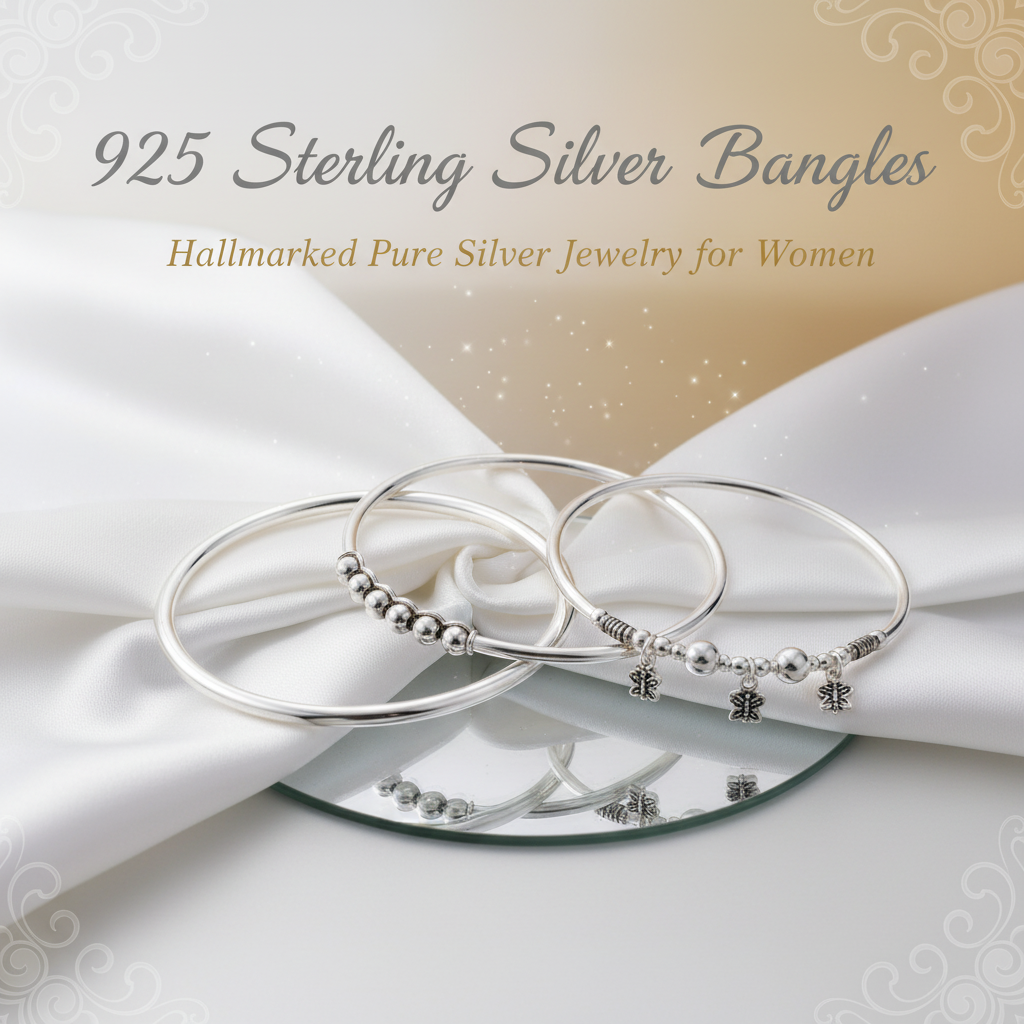 925 Sterling Silver Bangles Set - Classic Hallmarked Design for Women