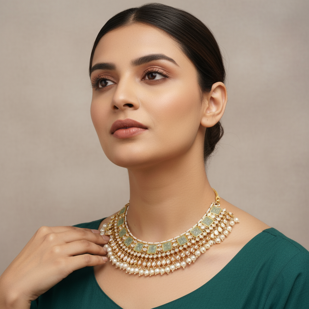 24K Gold Plated Kundan Necklace Set with Emerald Beads & Pearls for Women - Bridal Wedding Jewelry