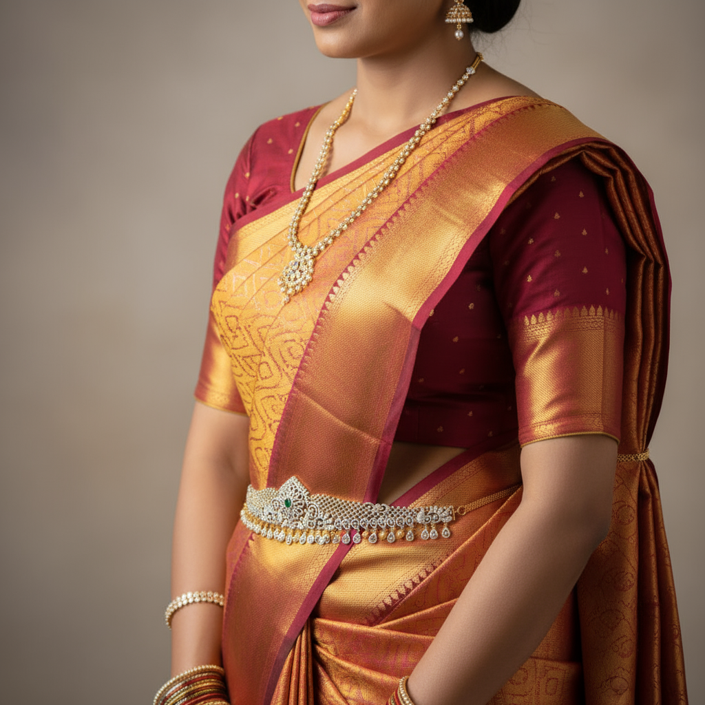 Zircon Rhodium-Gold Double Tone Diamond Look Chain Vaddanam for Bride