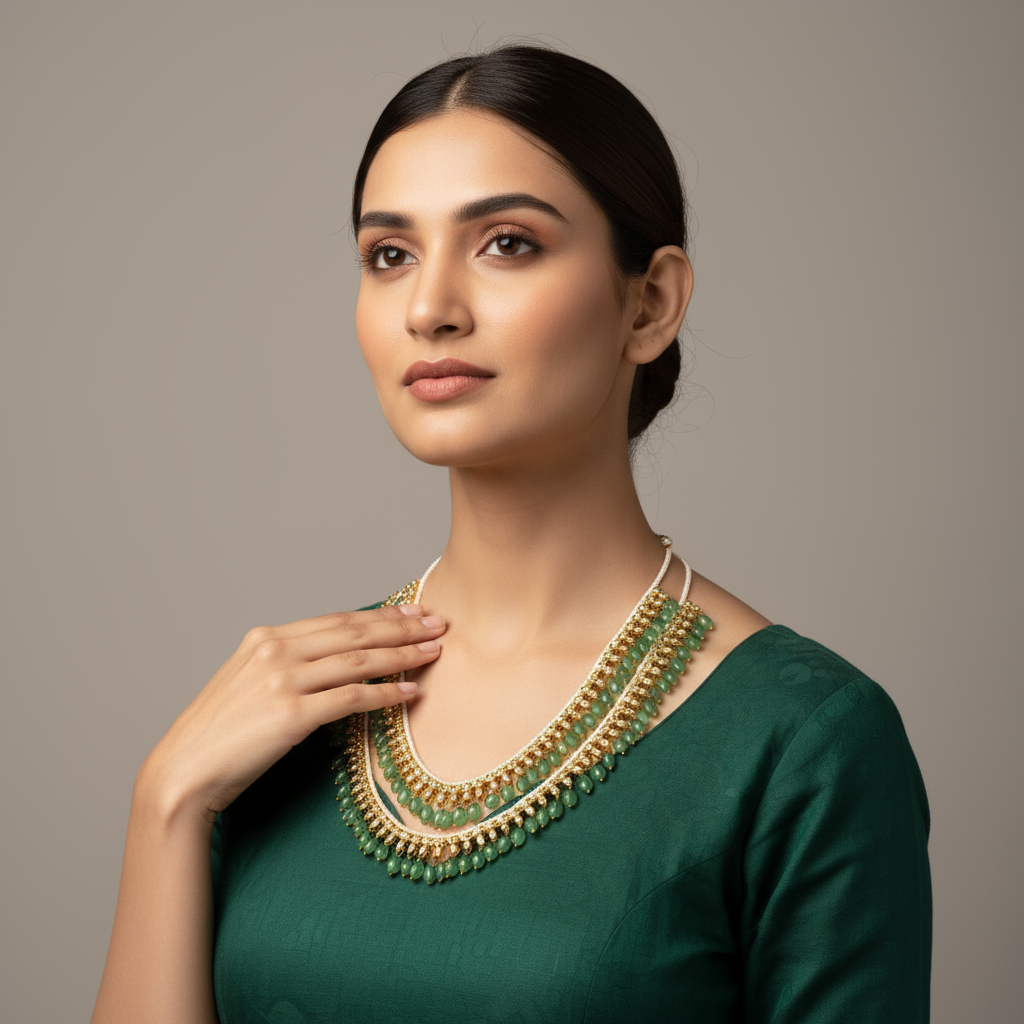 Polki Necklace Set - Two Layer Emerald Design 