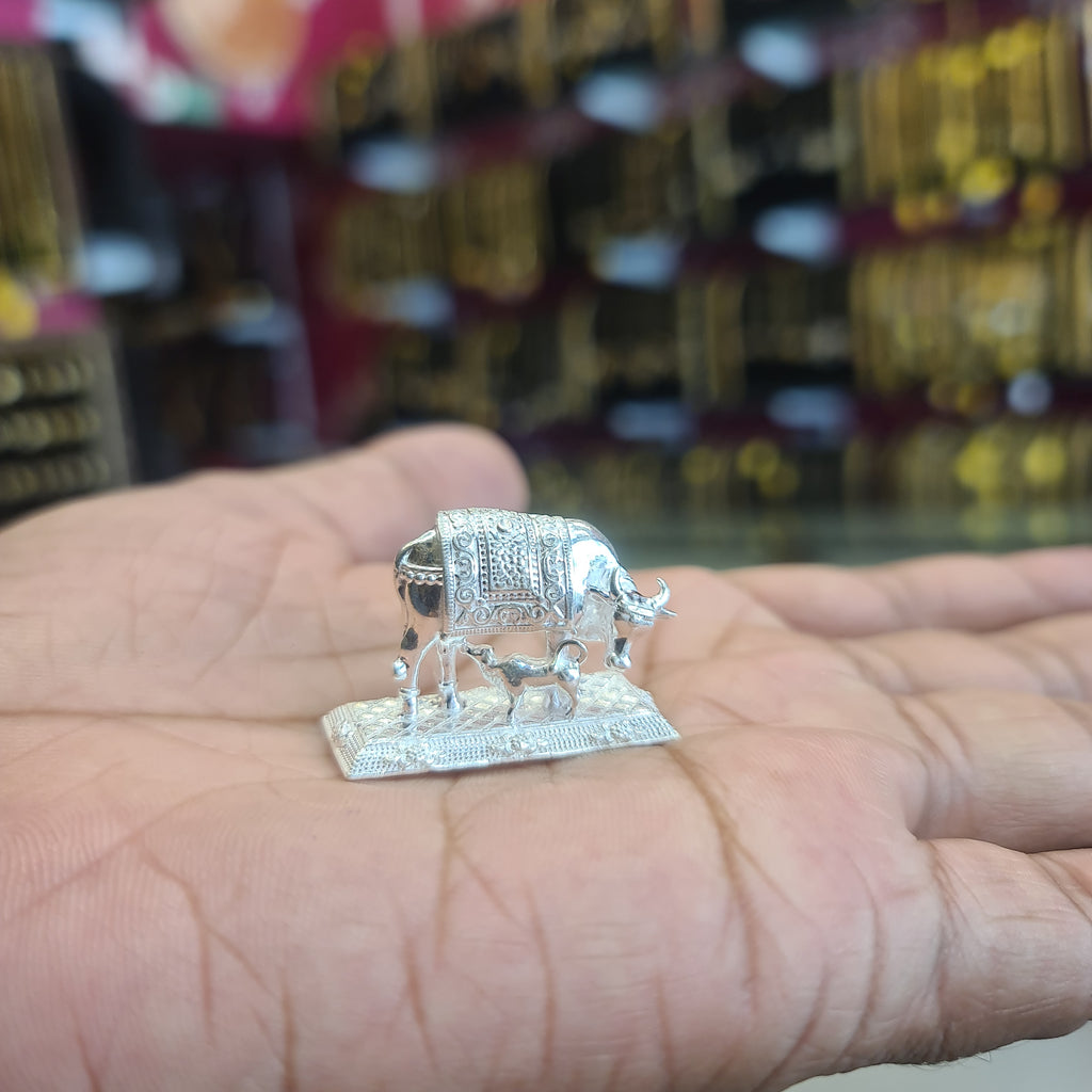 Pure Silver Kamdhenu Cow Idol - Handcrafted Sacred Gau Mata Statue