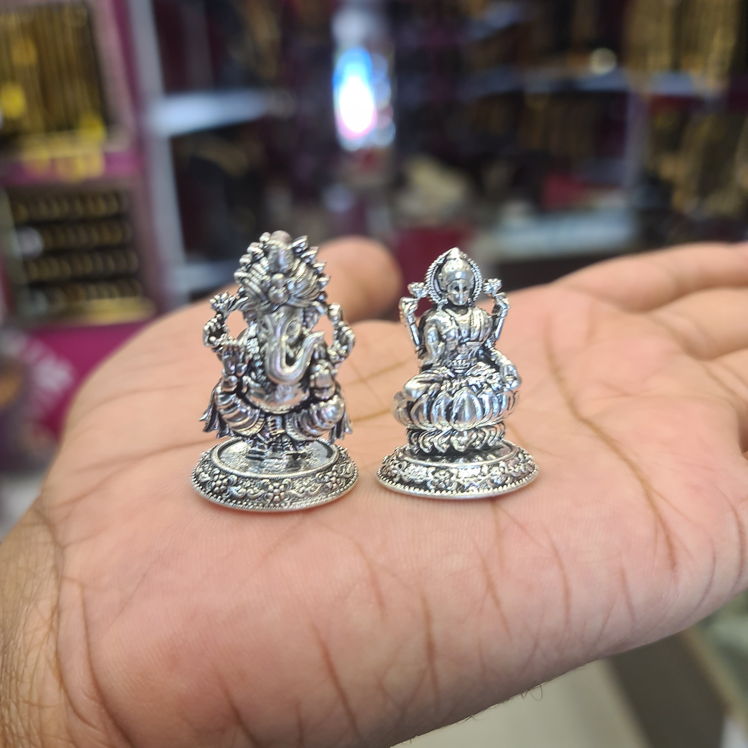 Oxidized Silver Lakshmi Ganesh Idol - Handcrafted Antique Finish Statue