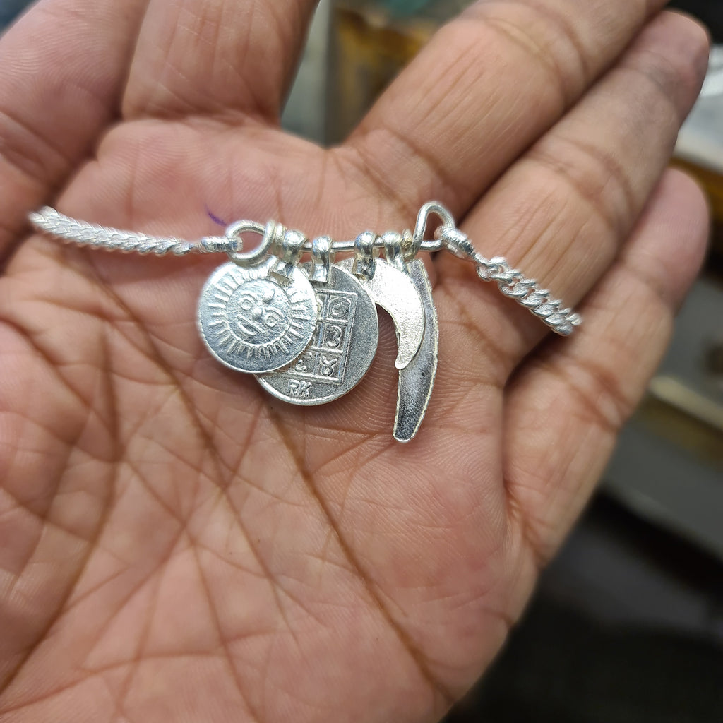 Pure Silver Kathi Billa Golsu Nazariya - Abhimantrit Haye Chand Suraj Chaku Pendants with Chain for Newborn Babies