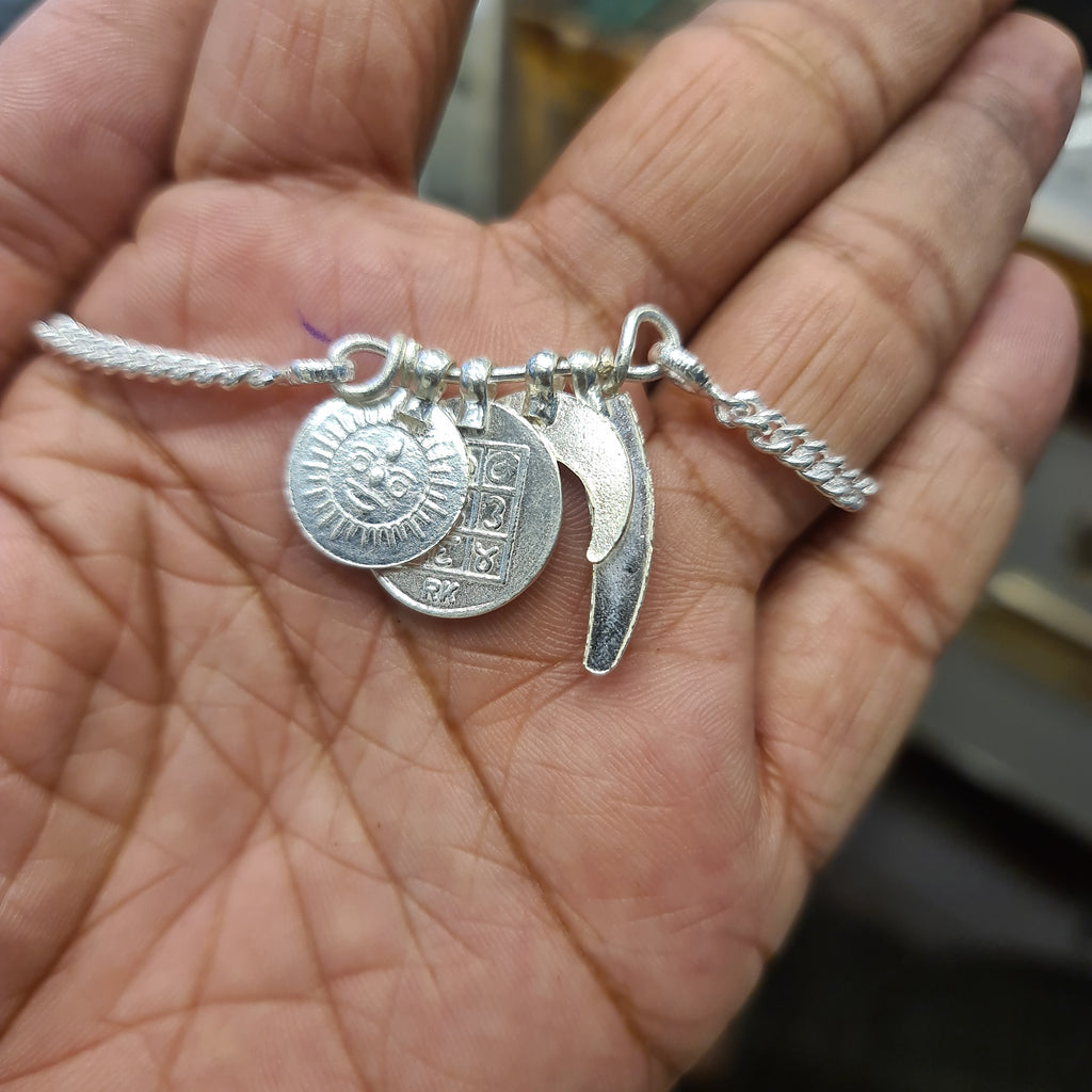 Pure Silver Kathi Billa Golsu Nazariya - Abhimantrit Haye Chand Suraj Chaku Pendants with Chain for Newborn Babies