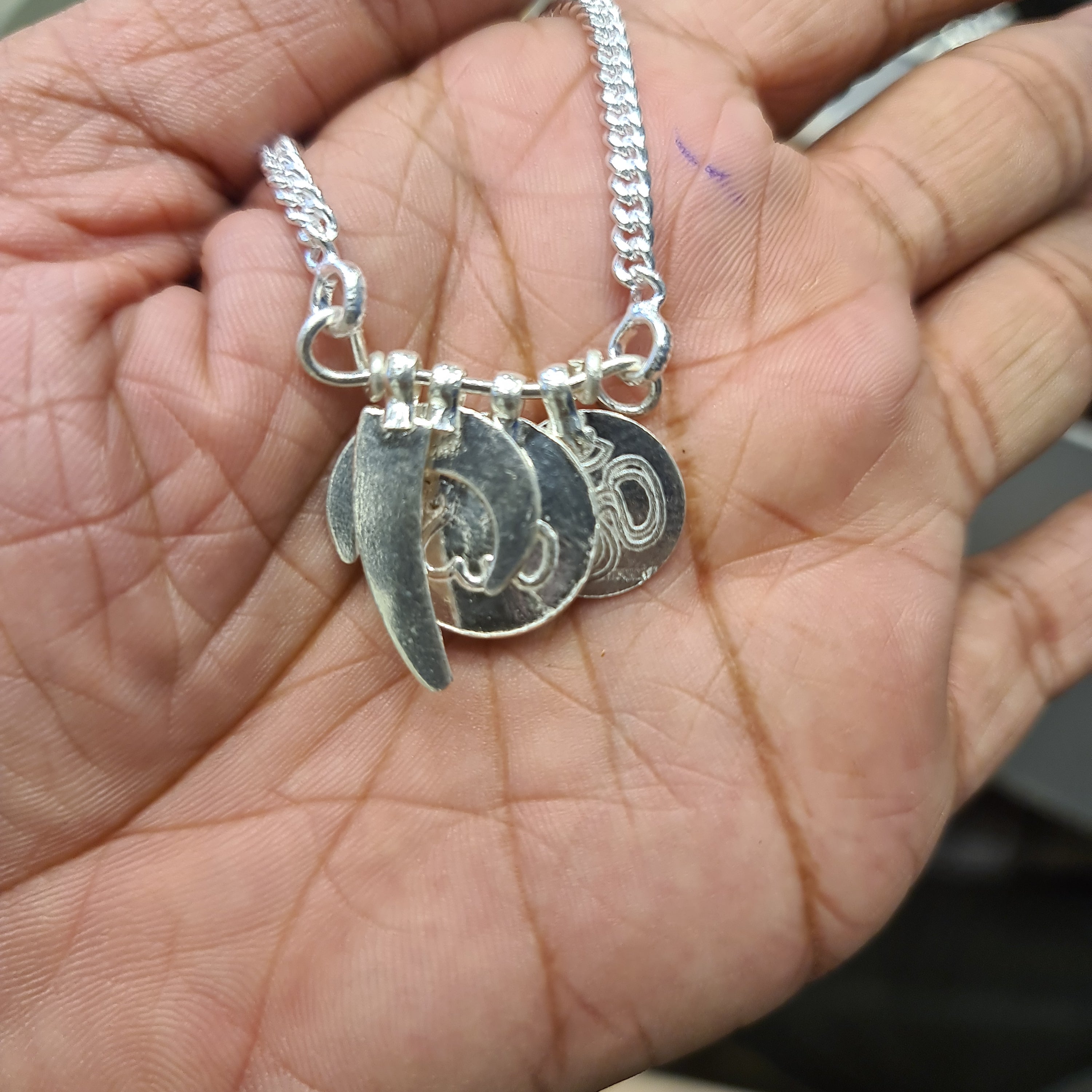 Pure Silver Kathi Billa Golsu Nazariya - Abhimantrit Haye Chand Suraj Chaku Pendants with Chain for Newborn Babies