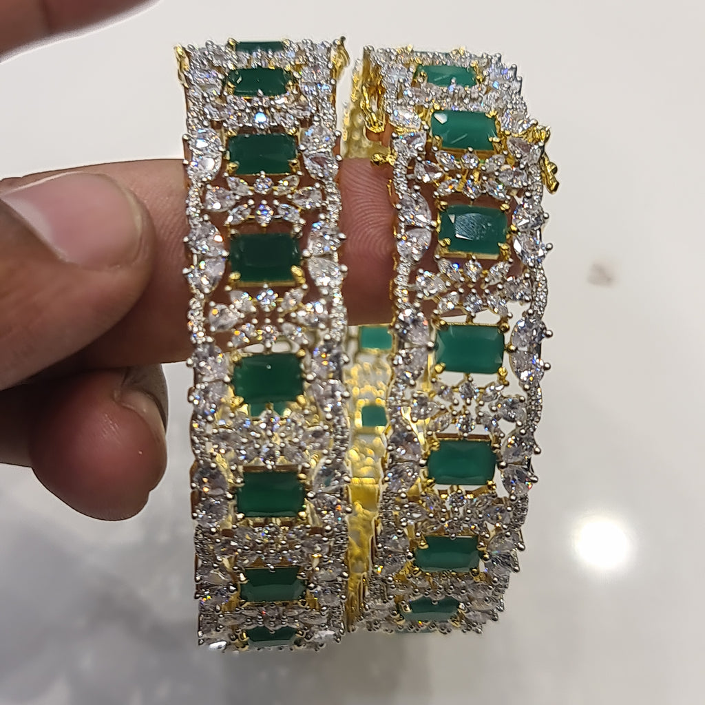 American Diamond Emerald Bangles - 24K Gold Plated Openable Bangles Set