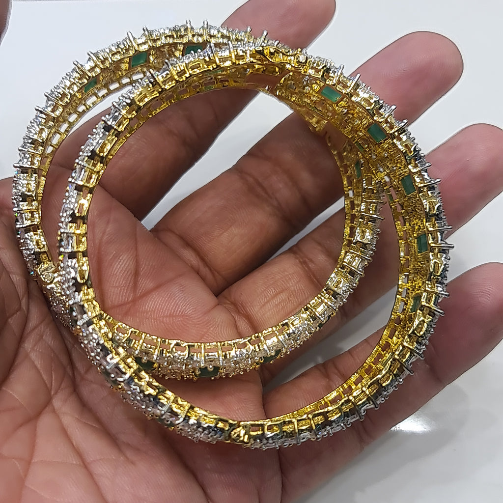 American Diamond Emerald Bangles - 24K Gold Plated Openable Bangles Set