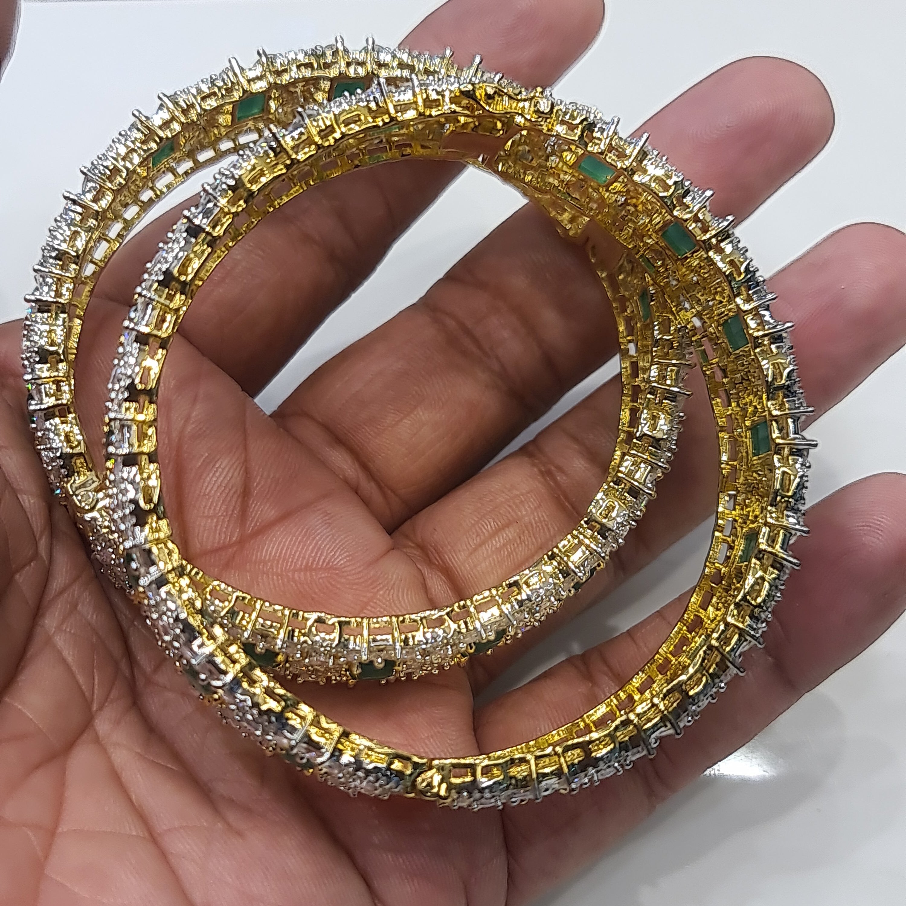 American Diamond Emerald Bangles - 24K Gold Plated Openable Bangles Set