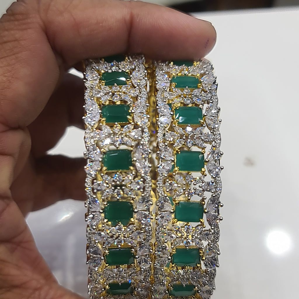 American Diamond Emerald Bangles - 24K Gold Plated Openable Bangles Set