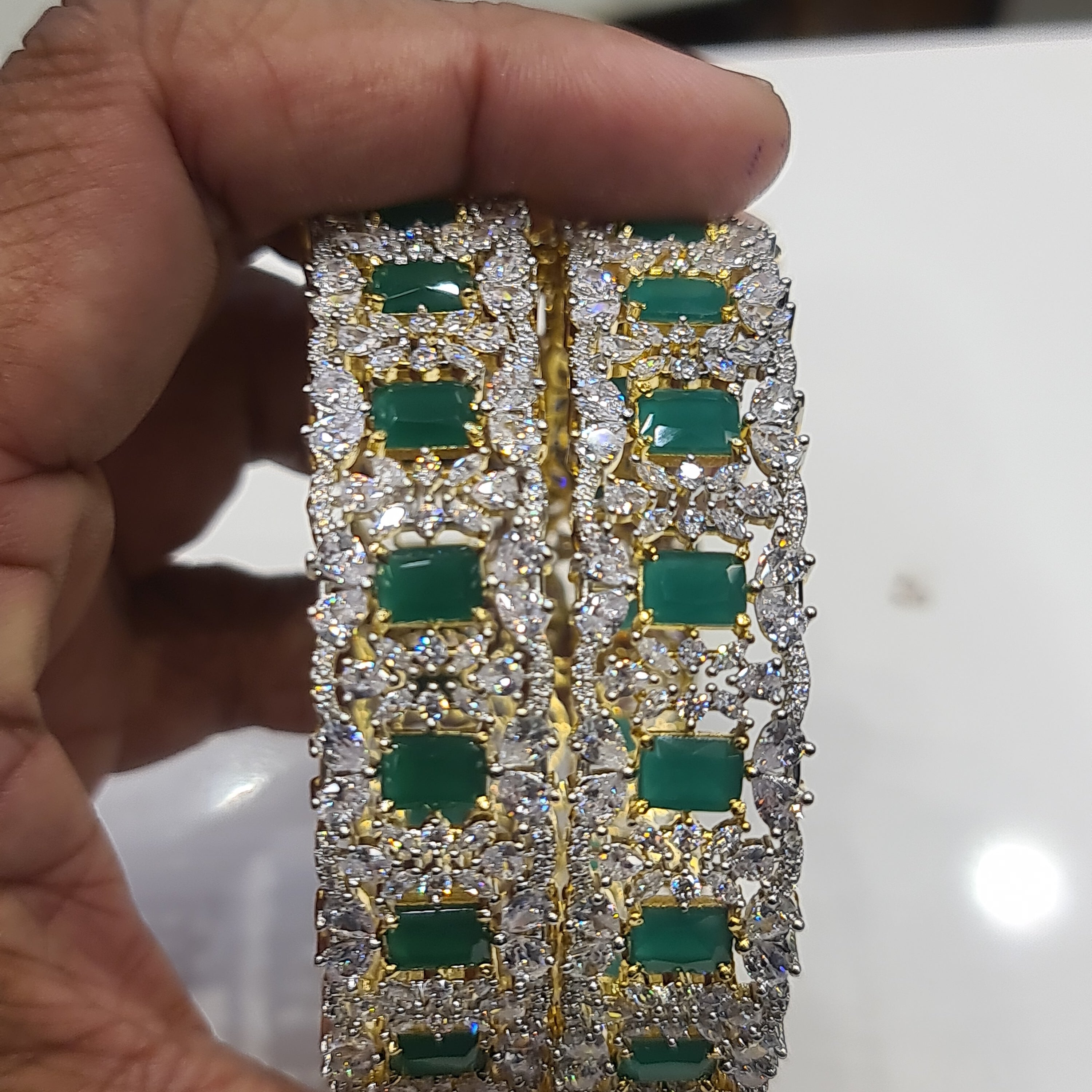 American Diamond Emerald Bangles - 24K Gold Plated Openable Bangles Set