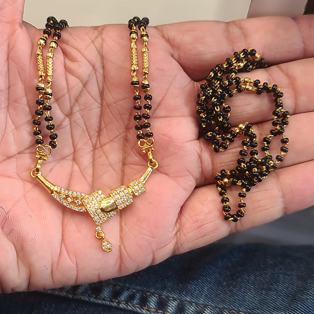 26-Inch American Diamond Mangalsutra with Black Beads | 24K Gold Plated Long Chain
