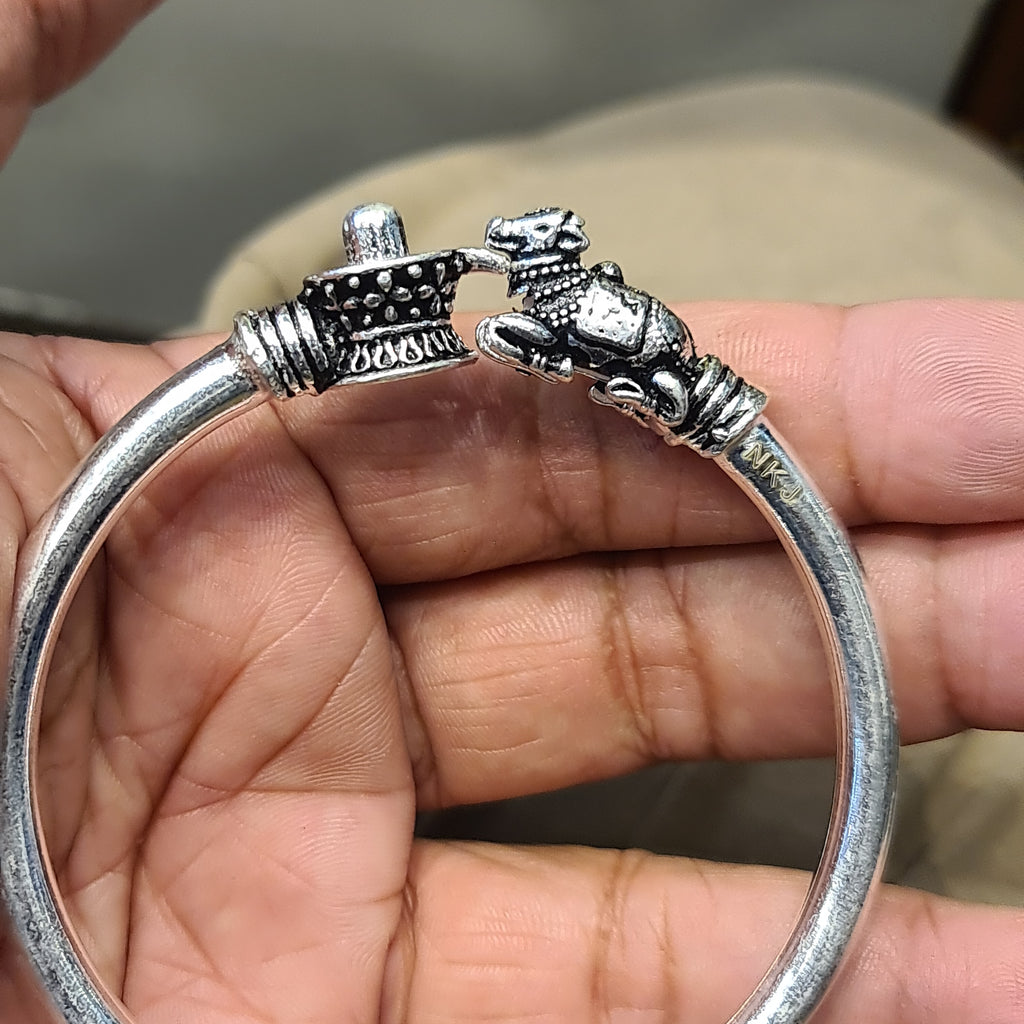 Oxidized Silver Shivlingam Nandi Kada for Men - Handcrafted Lord Shiva Religious Bracelet