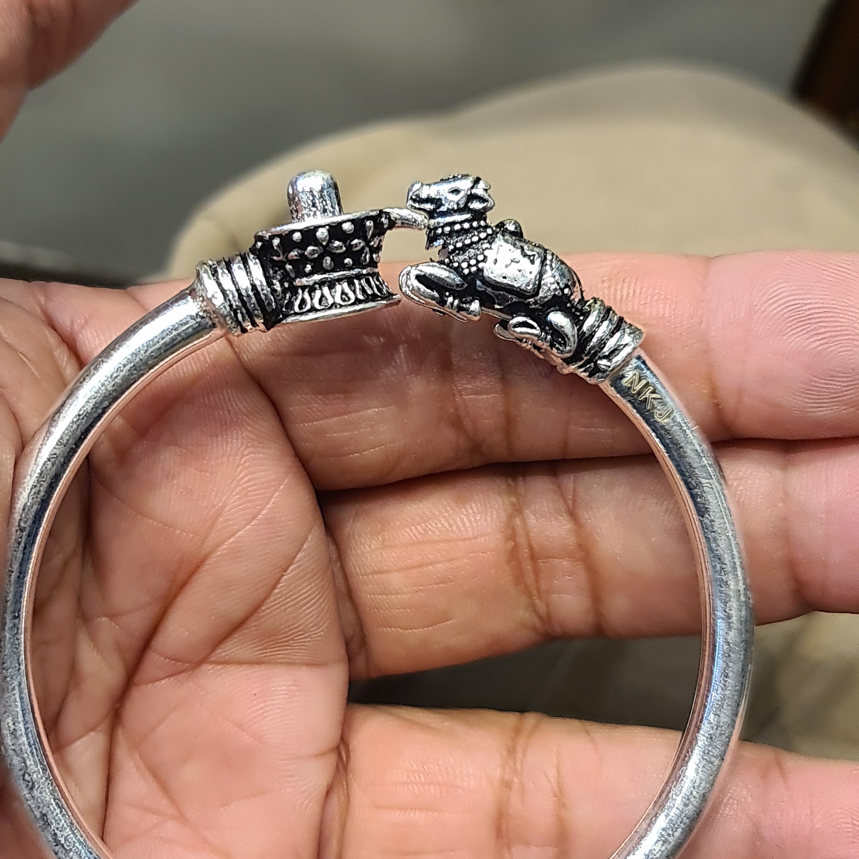 Oxidized Silver Shivlingam Nandi Kada for Men - Handcrafted Lord Shiva Religious Bracelet