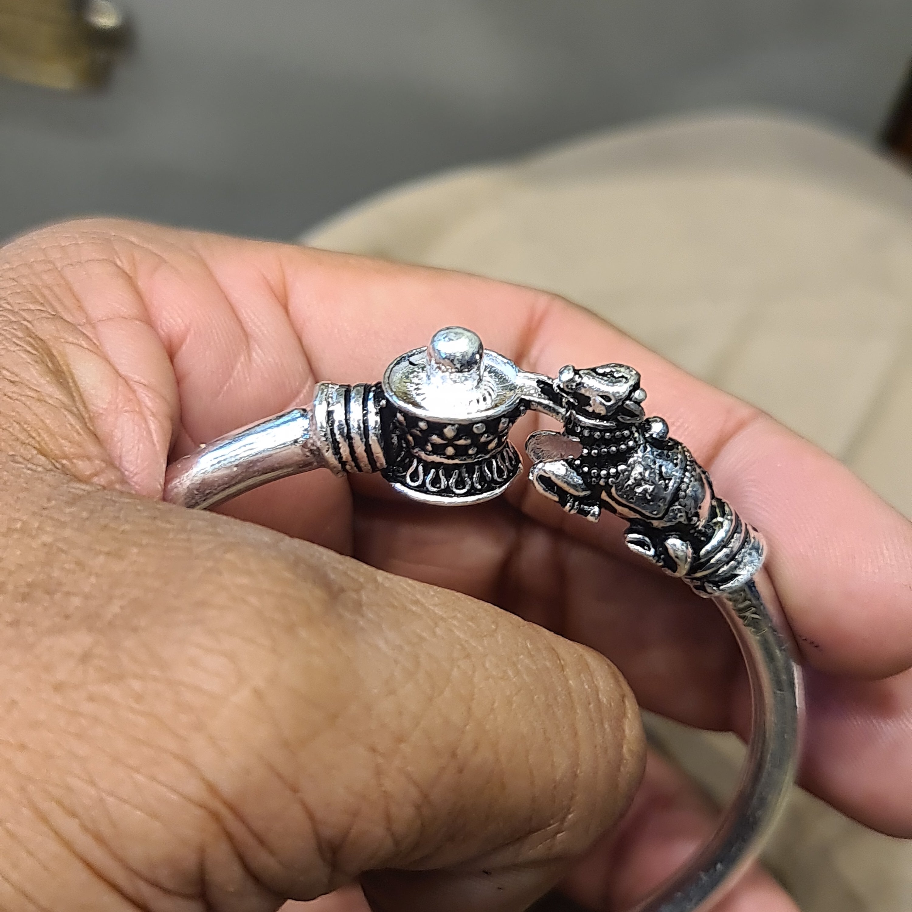 Oxidized Silver Shivlingam Nandi Kada for Men - Handcrafted Lord Shiva Religious Bracelet