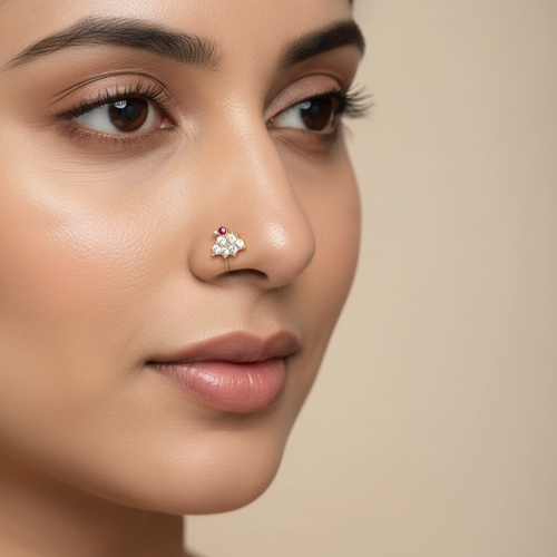 18K Gold Ruby CZ Nose Pin - Lifestyle