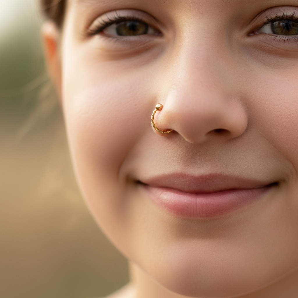 18K Gold Twisted Wire Nose Ring - Textured Minimalist