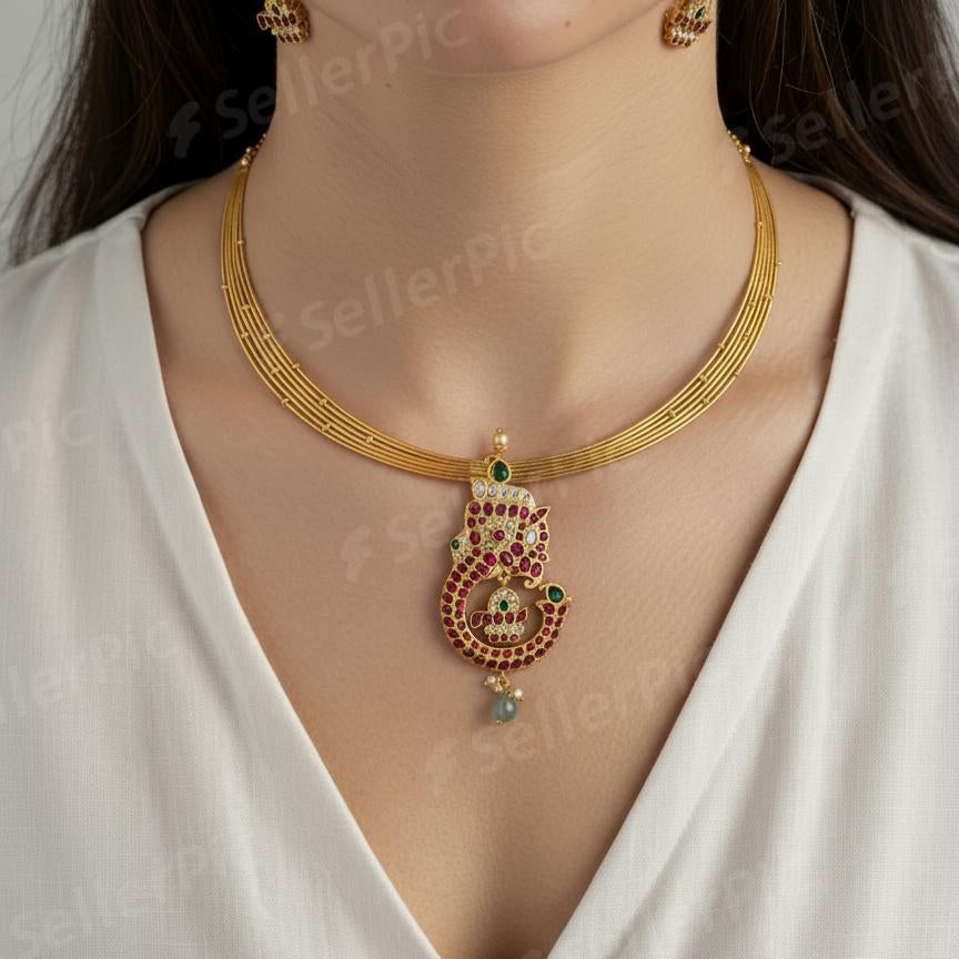 Jadau Kundan Kanti Necklace Set with Ganesh Pendant & Screw Back Earrings