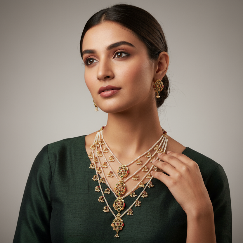 Navratna Panchlada Pearls Haar - Five Layer Necklace | Asp Fashion