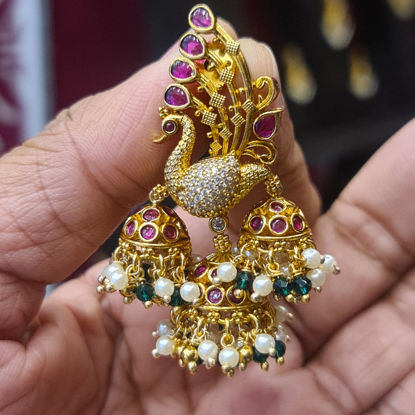 Exquisite Elegance: Unveiling the Alluring Antique Peacock Bahubali Jhumka Adorned with Pearls