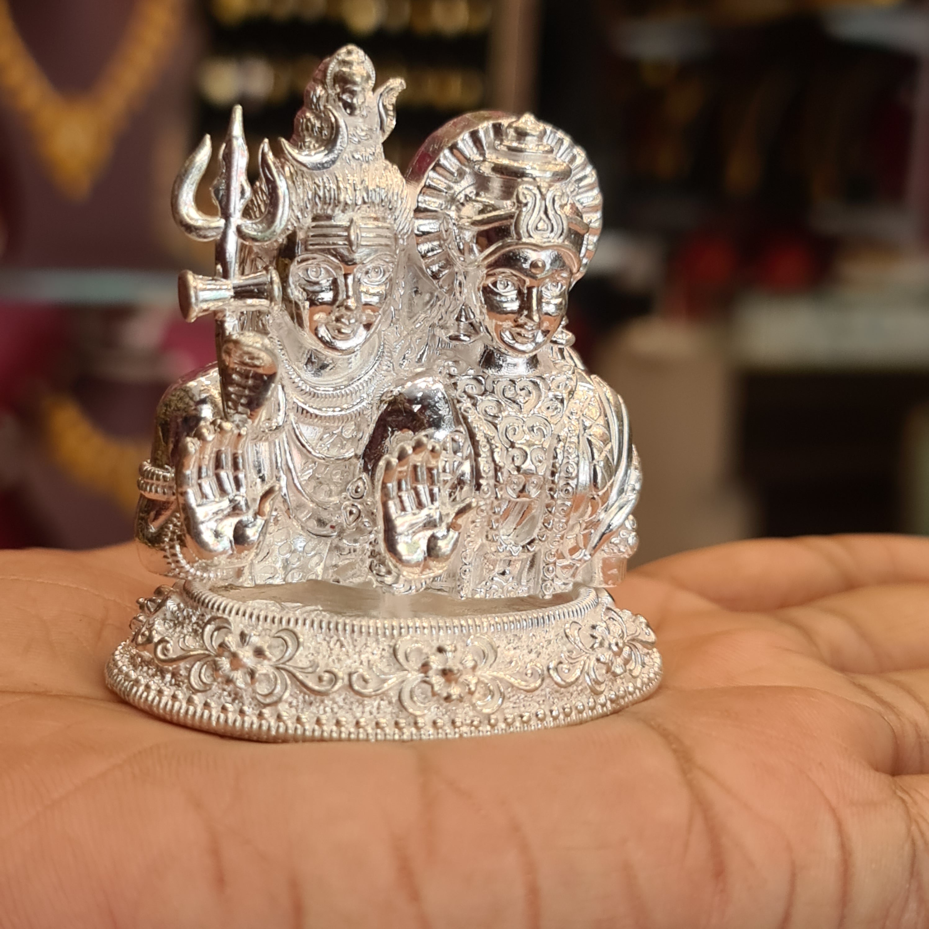 Pure Silver Shiva Parvati Idol - Handcrafted Divine Couple Statue