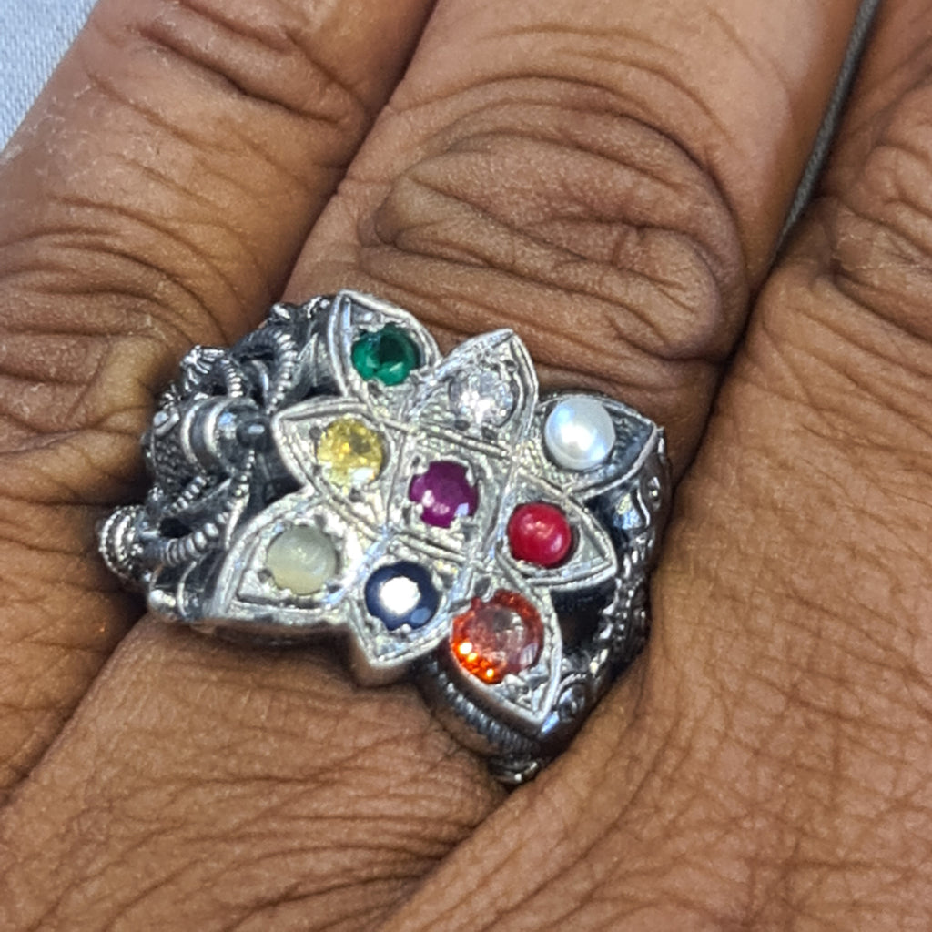 Embrace Elegance: The Exquisite 92.5 Silver Navratna-Embedded Balaji Ring for Men