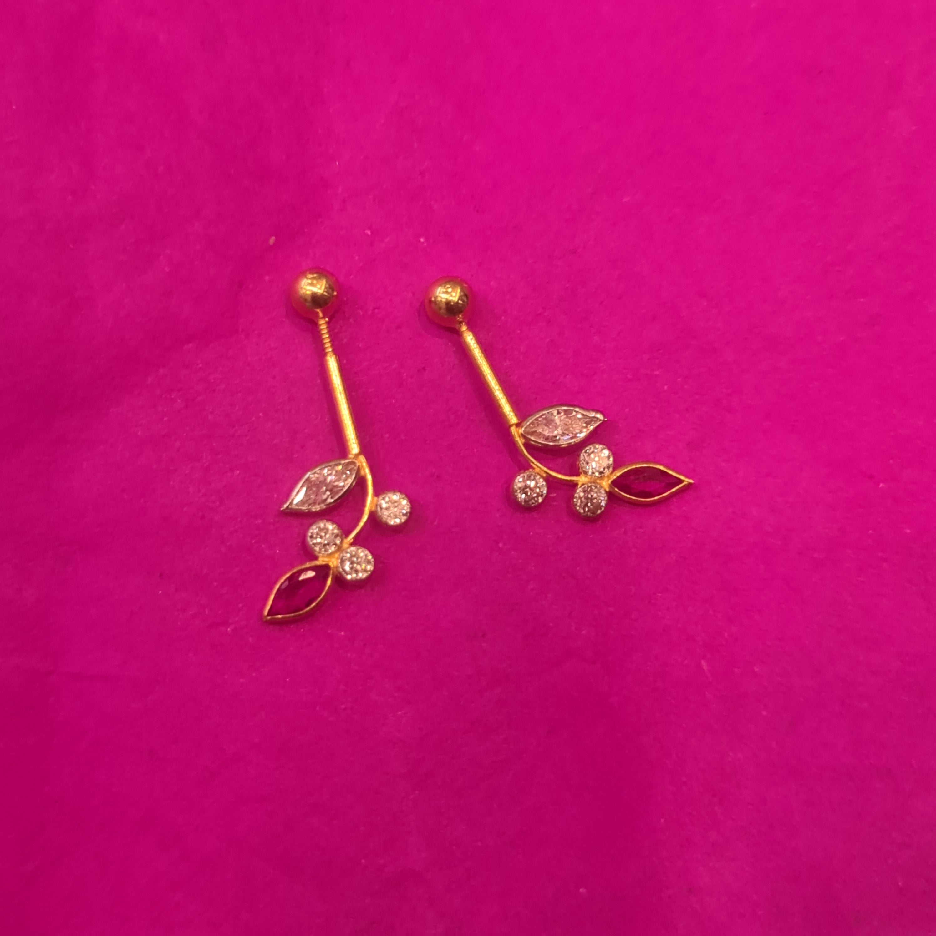 18kt Gold Coppu Bugudi Earrings - BIS Hallmarked Pink & White CZ Leaf Design