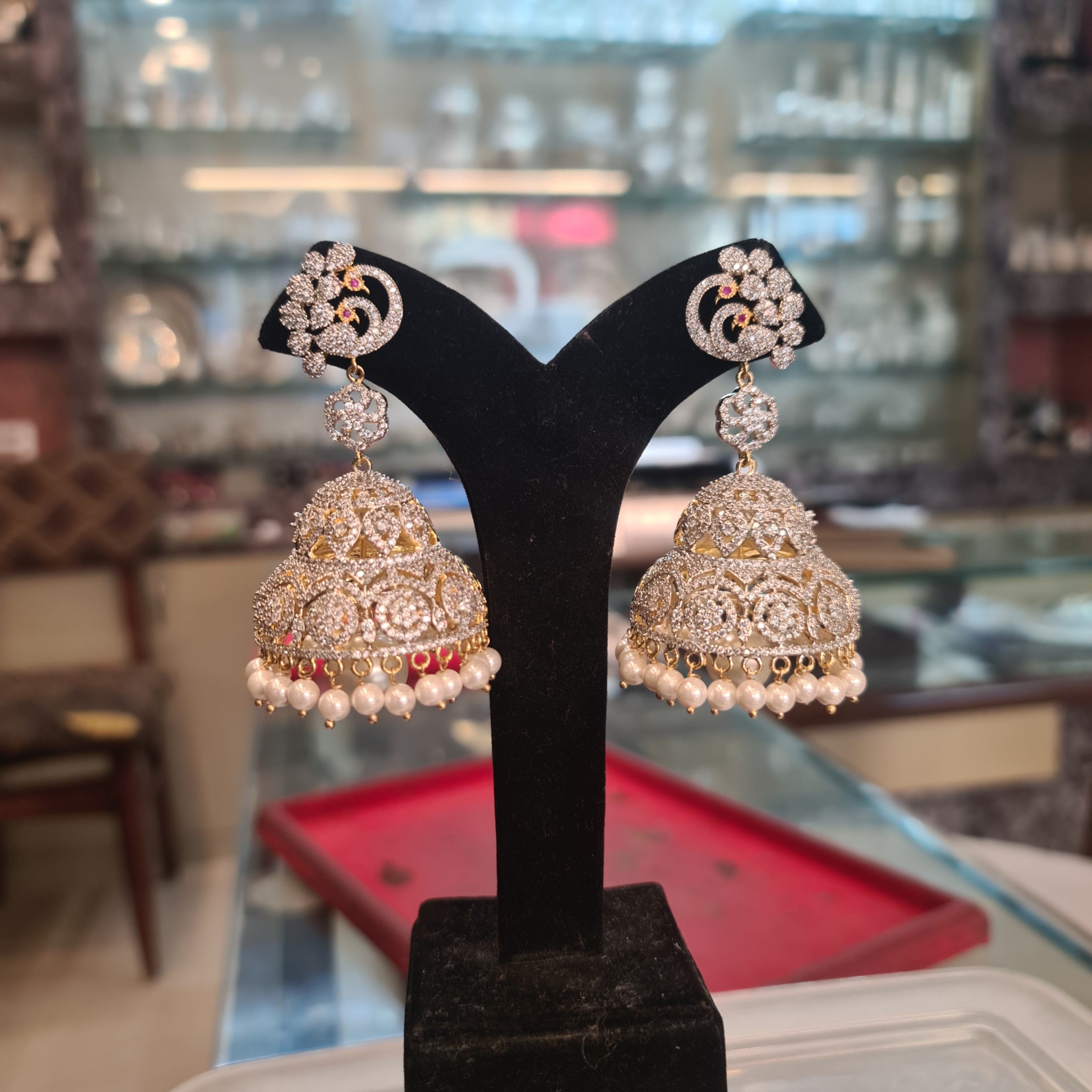 One Gram Gold American Diamond CZ Jhumka Set - Premium Traditional Jewelry