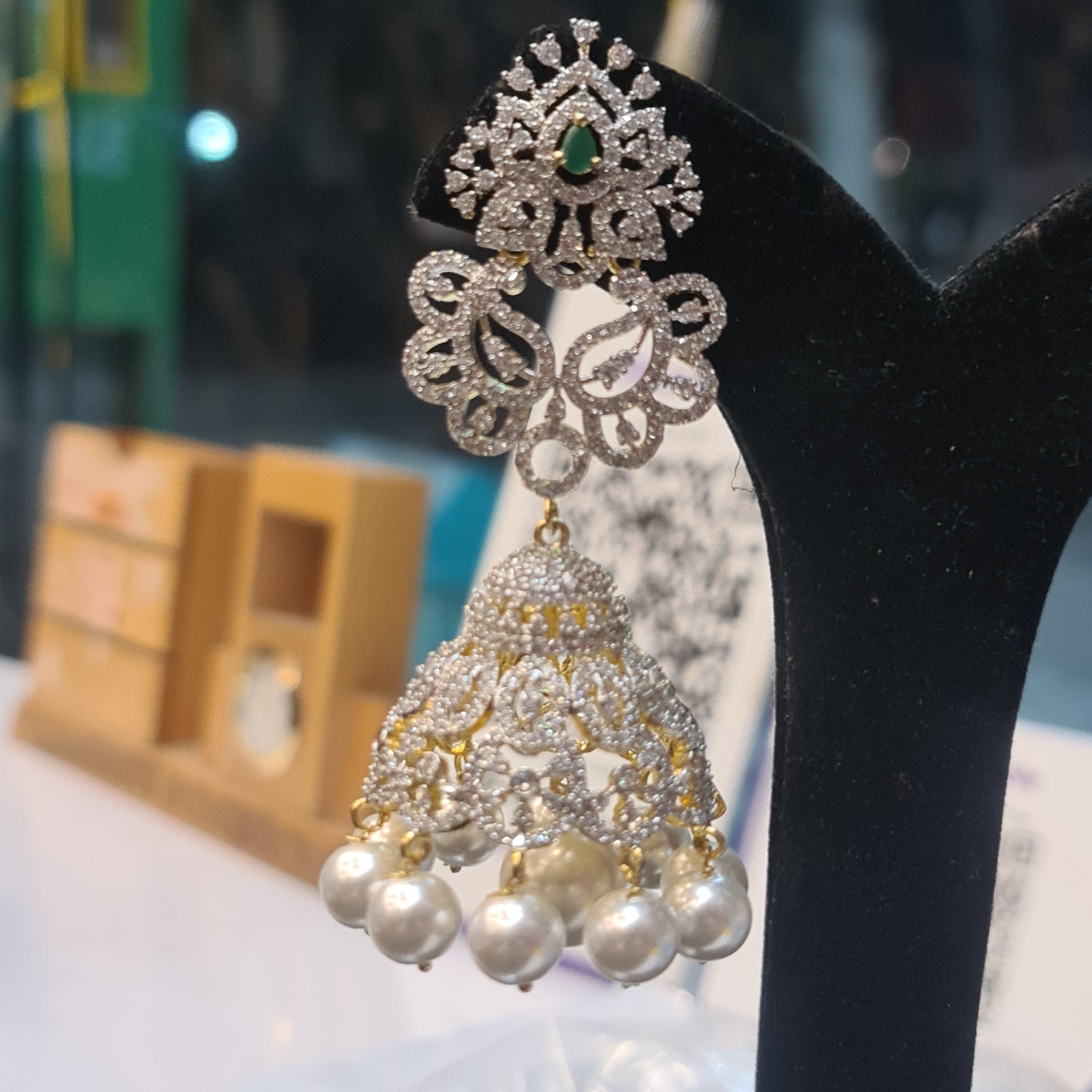 Diamond Emerald Jhumkas - Traditional Gold Plated Bell Earrings