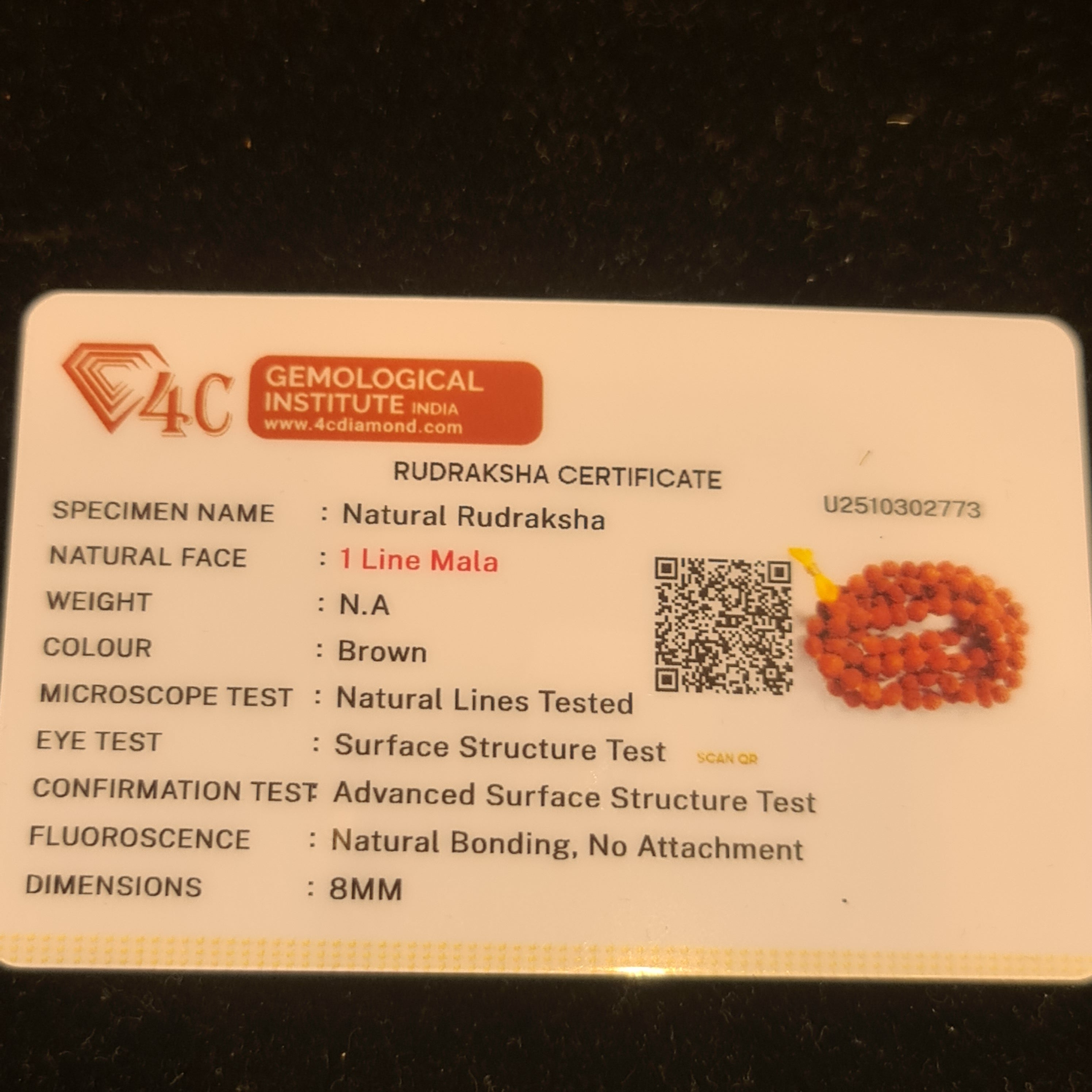 Natural Nepali Rudraksha Mala - Lab Certified 8MM 1 Line