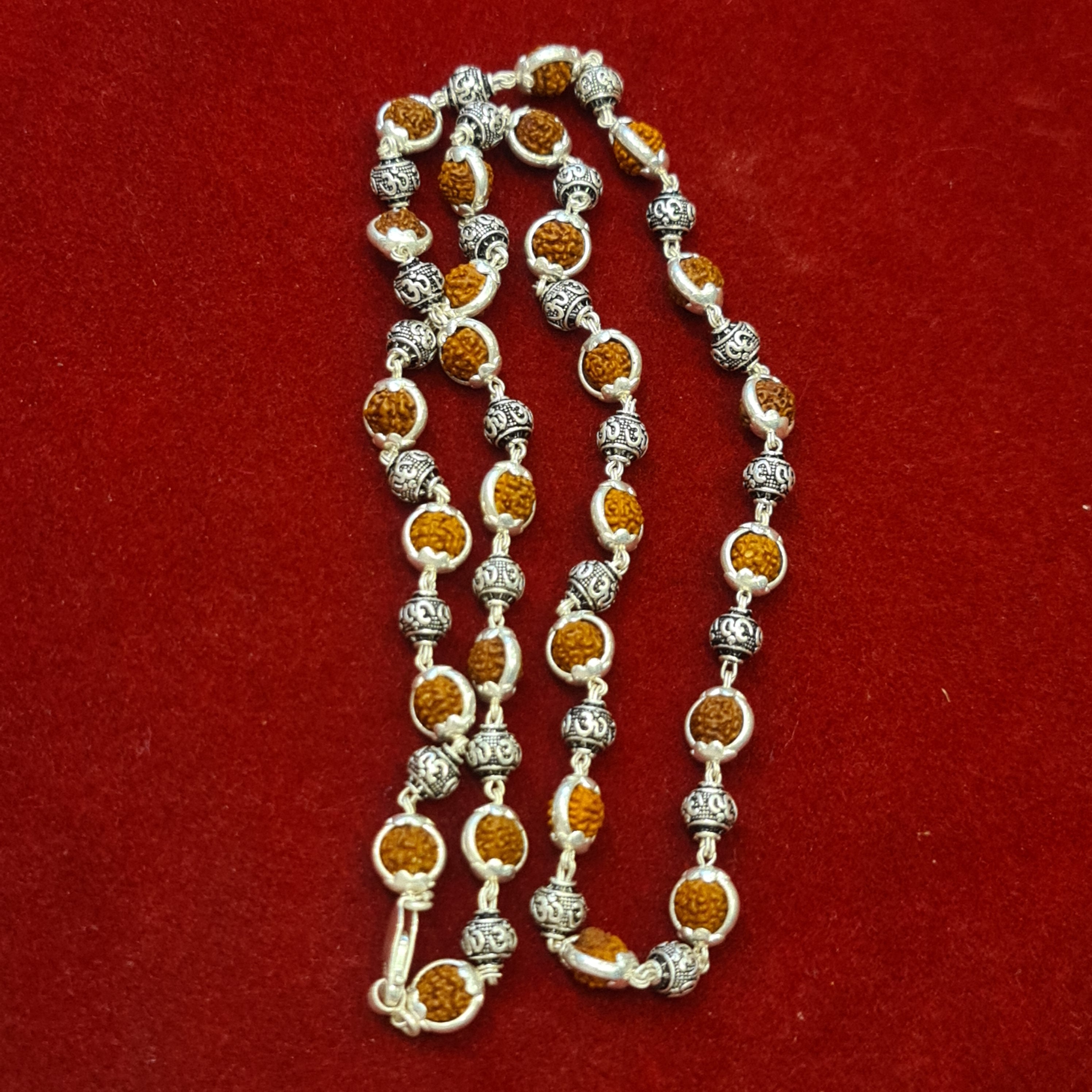 Natural Rudraksha Mala with Nakshi Om Silver Balls - 24 Inches
