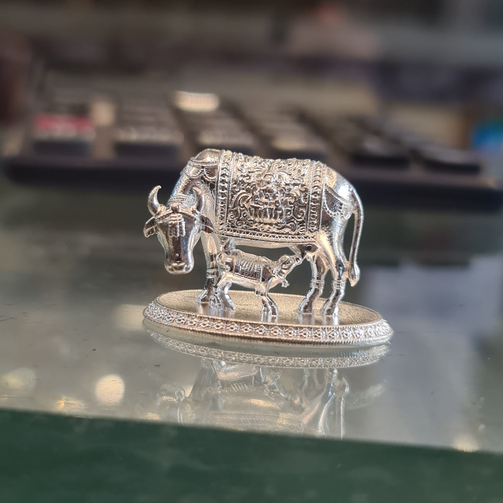 Pure Silver Kamdhenu Cow Idol - Handcrafted Sacred Gau Mata Statue