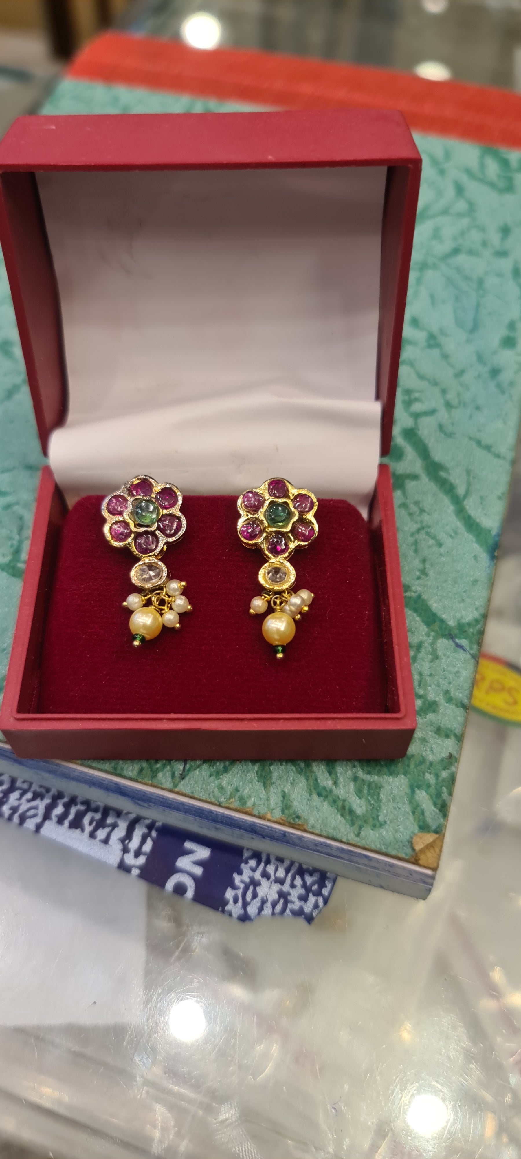 Kempu Polki Flower Stud Earrings with Golden Pearl Drops | 24K Gold Plated